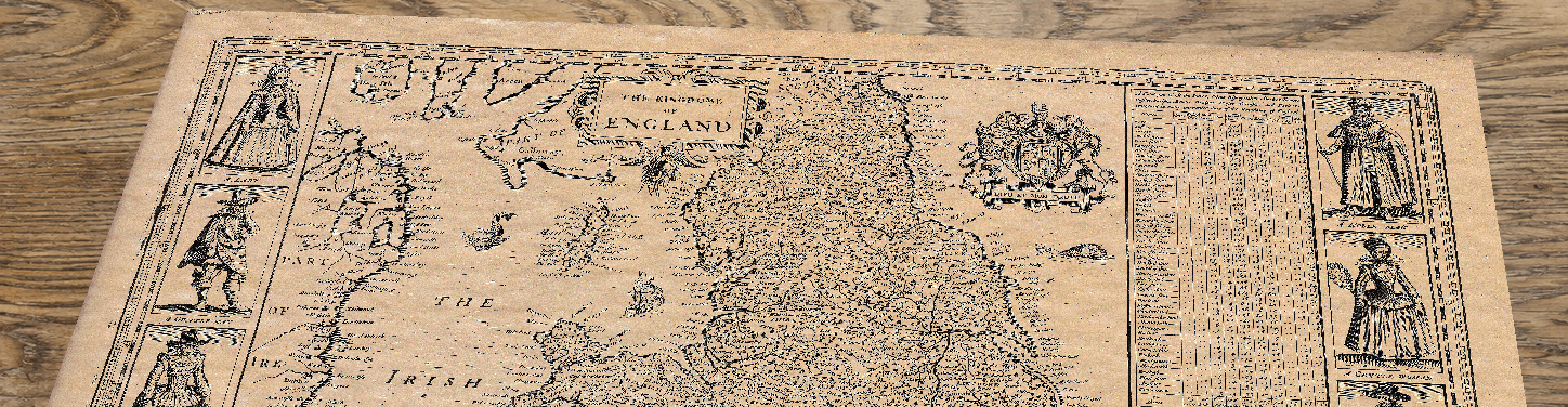 Upper section of the england wales map lying at an angle on an antique ash table