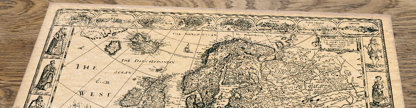 Upper section of Old Map of Europe by John Speed, 1626, lying at an angle on an antique ash table