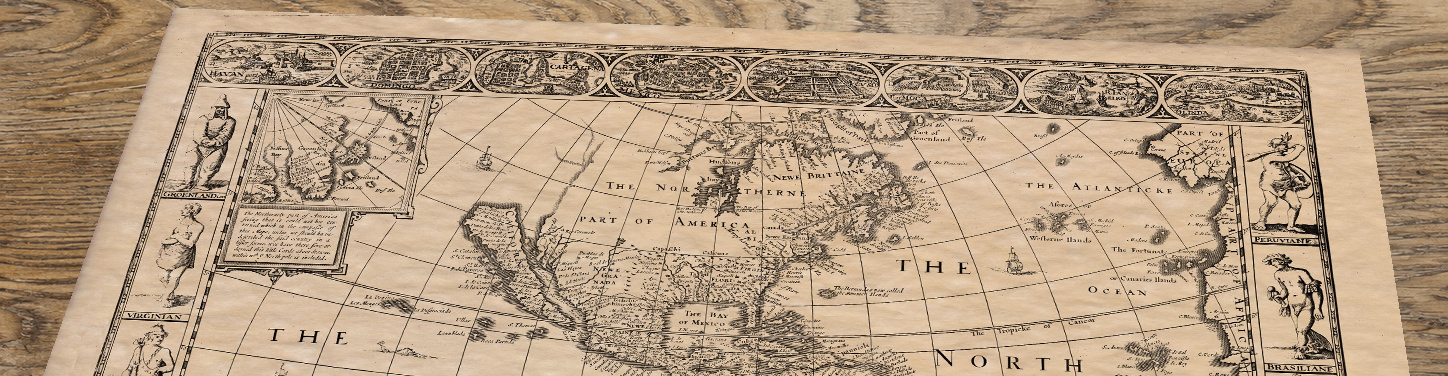 Upper section of America an old map by John Speed, lying at an angle on an antique ash table