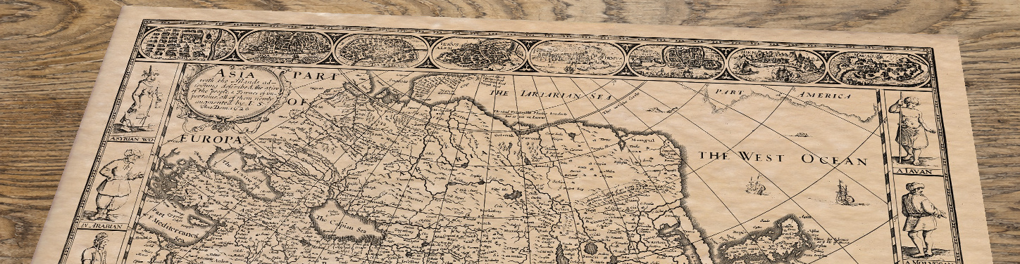 Upper section of Old Map of Asia Dedicated to Charles II, lying at an angle on an antique ash table