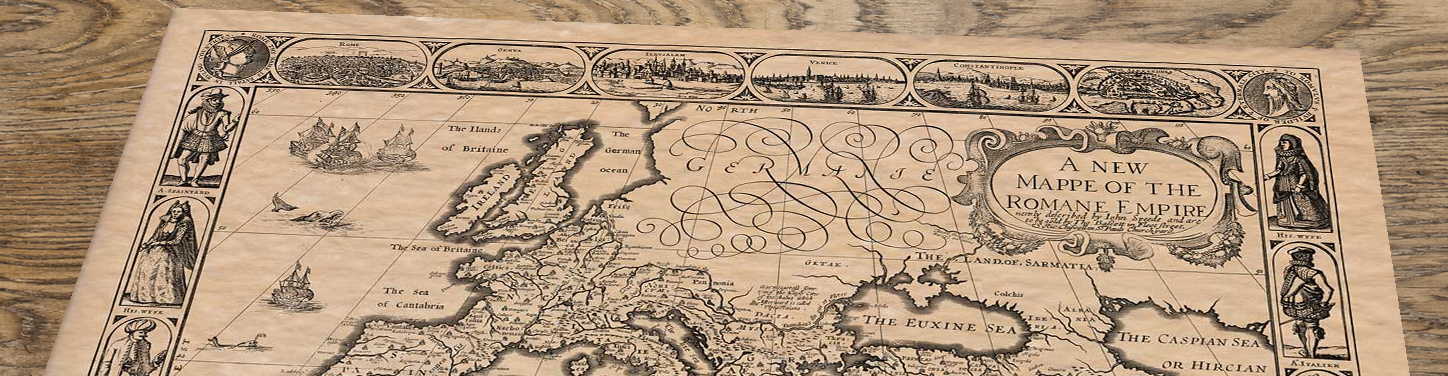 Upper section of Roman Empire - an old map by John Speed, lying at an angle on an antique ash table
